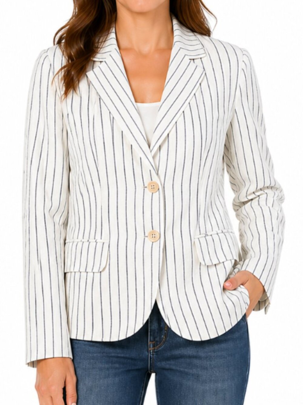 The J. Peterman Company Women's Blue and Ivory Striped Blazer Size 14
